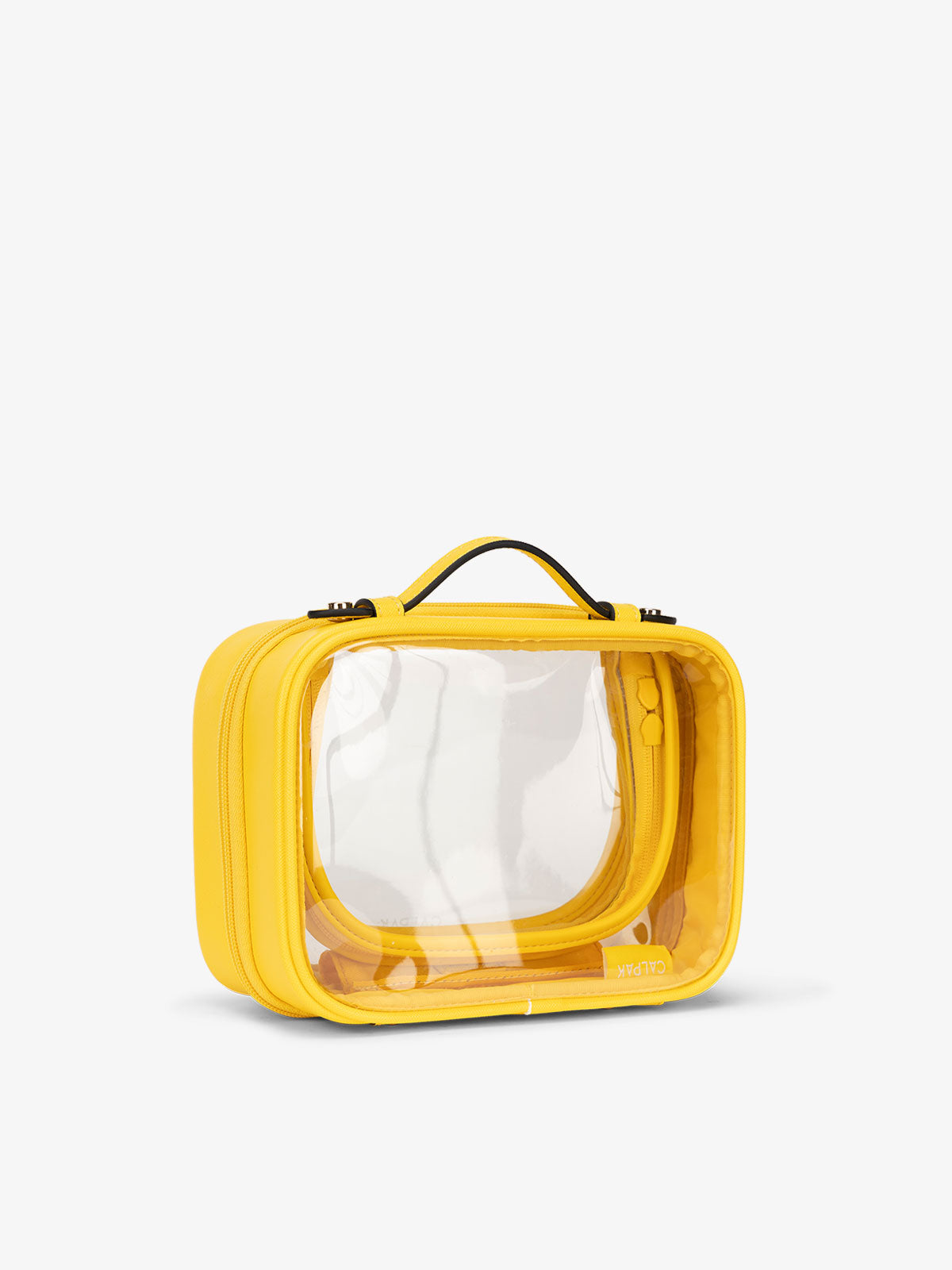 CALPAK small water resistant clear cosmetics case with sturdy handles in lemon; CCM2001-LEMON