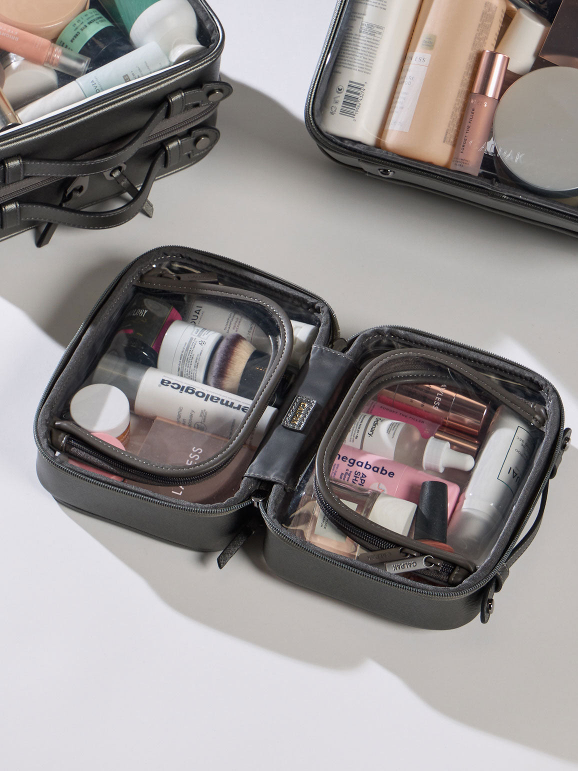 Small Clear Cosmetic case for makeup and skincare items; CCM2001-STEEL