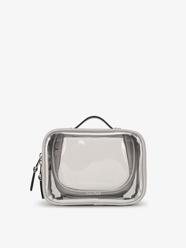 CALPAK small clear makeup bag with zippered compartments in cool grey