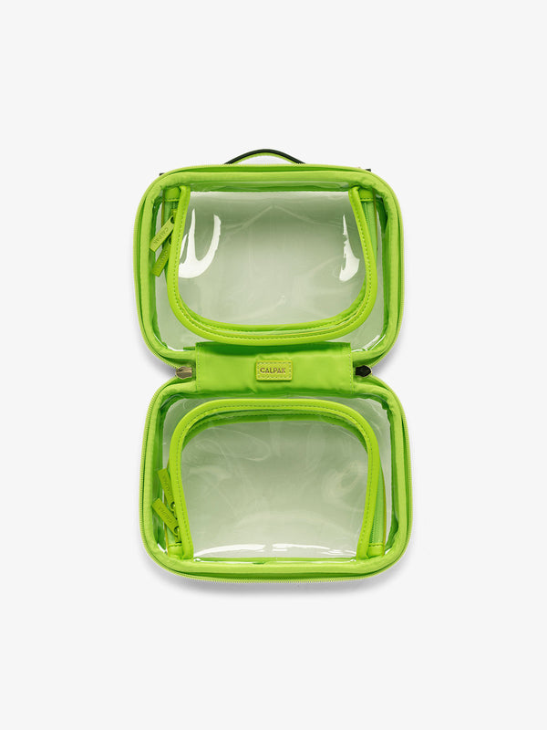 CALPAK small clear skincare bag with multiple zippered compartments in electric green