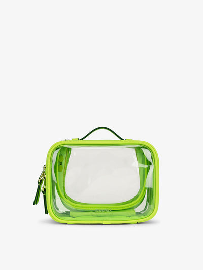 CALPAK small clear makeup bag with zippered compartments in electric green; CCM2001-ELECTRIC-LIME