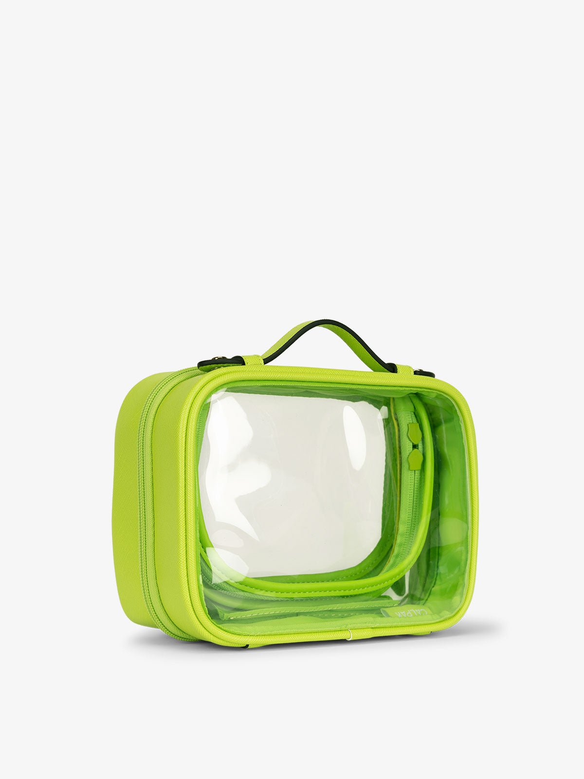 CALPAK small water resistant clear cosmetics case with sturdy handles in green
