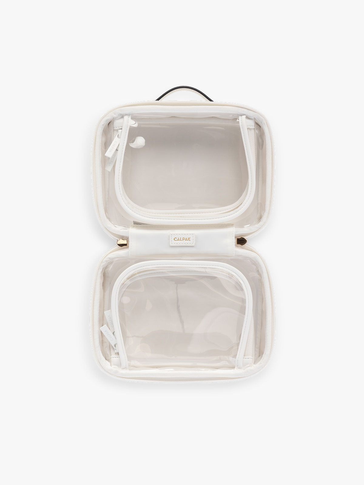 CALPAK Small Clear Cosmetics Case in White open view; CCM2001-WHITE