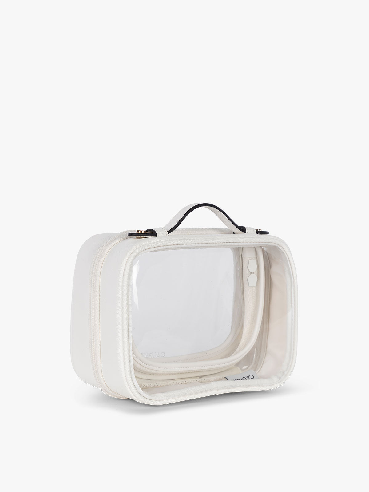 CALPAK Small Clear Cosmetics Case in White side view; CCM2001-WHITE