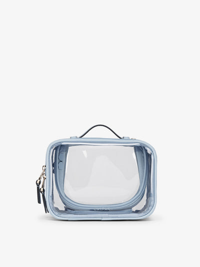 CALPAK small clear makeup bag with zippered compartments in sky; CCM2001-SKY
