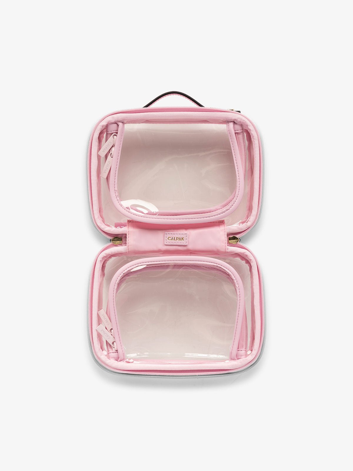 CALPAK small clear skincare bag with multiple zippered compartments in strawberry pink