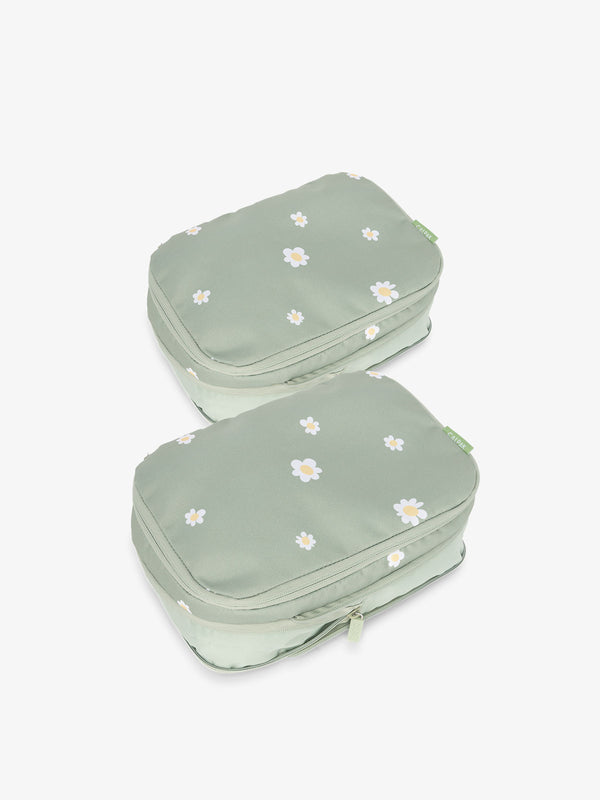CALPAK small compression packing cubes with top handles and expandable by 4.5 inches in light green daisy