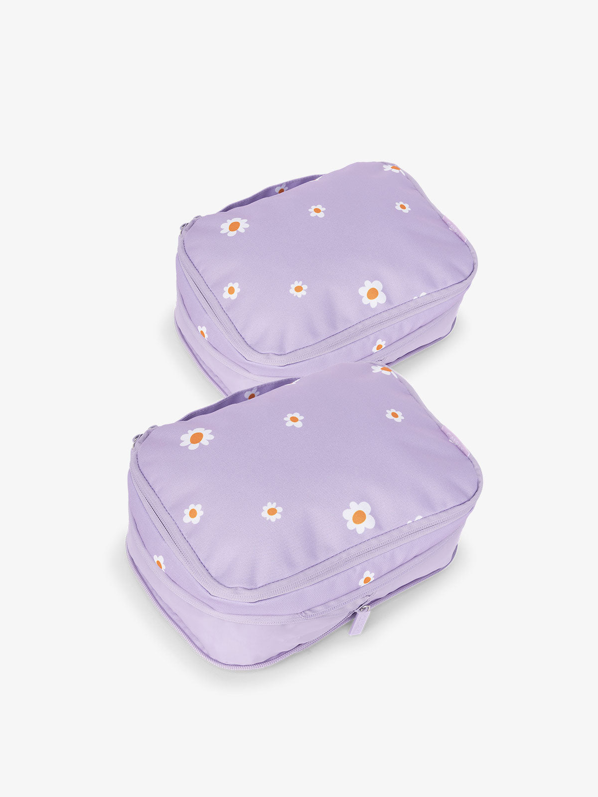 CALPAK small compression packing cubes with top handles and expandable by 4.5 inches in light purple orchid fields; PCS2301-ORCHID-FIELDS