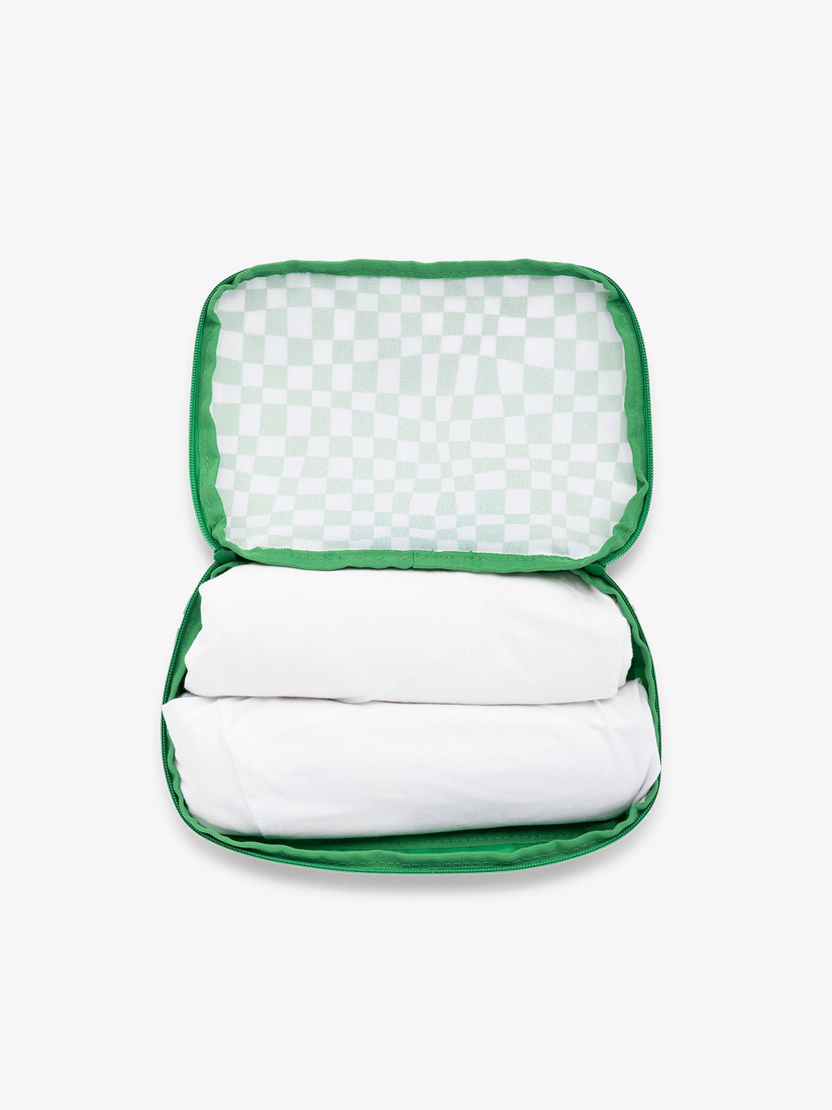 CALPAK small packing cubes for travel made with durable material in green and white checkerboard print