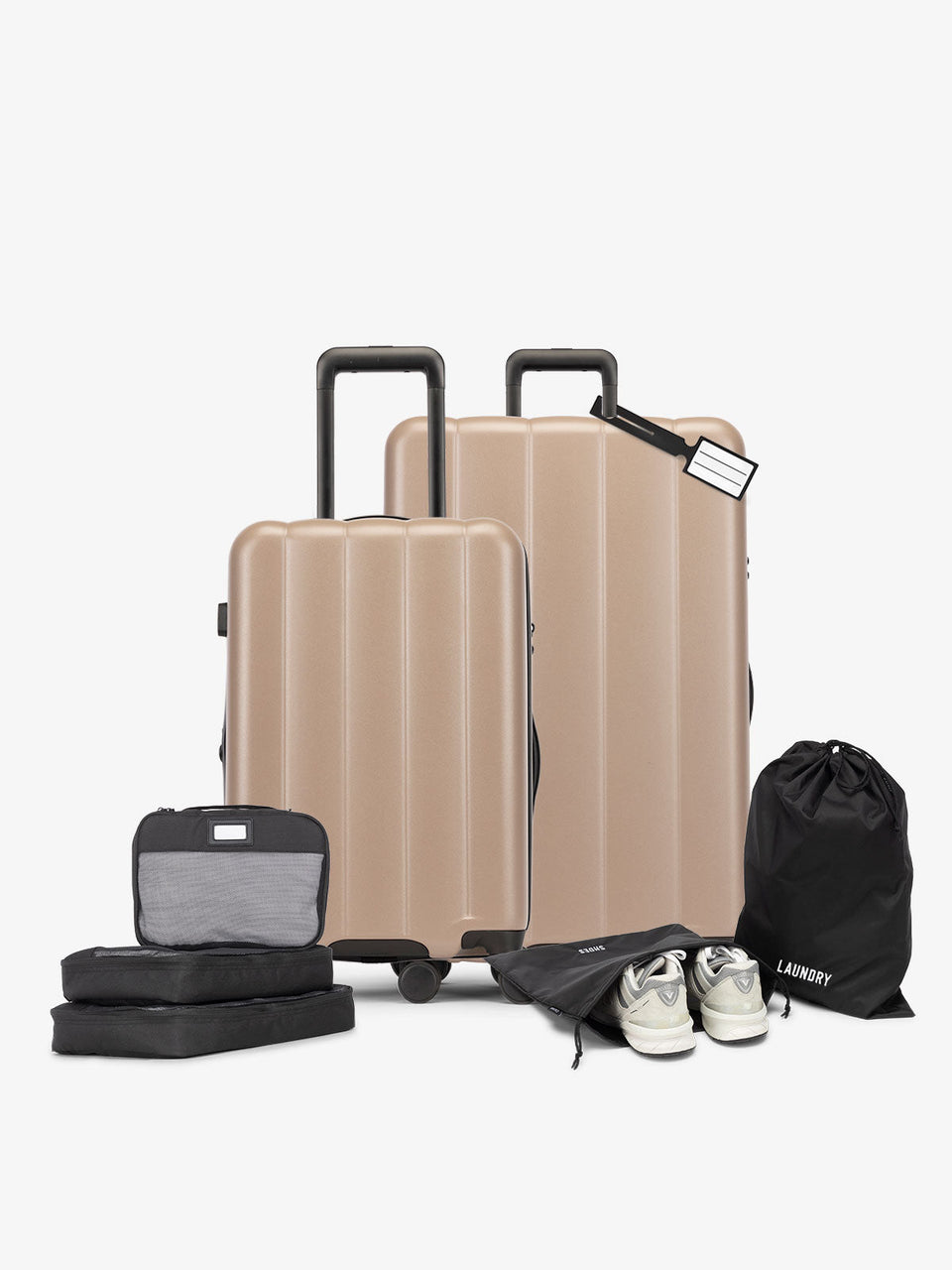 CALPAK Starter Luggage Set with Carry-On, Large Luggage, Packing Cubes, Pouches and Luggage tag in chocolate; LCO8000-CHOCOLATE