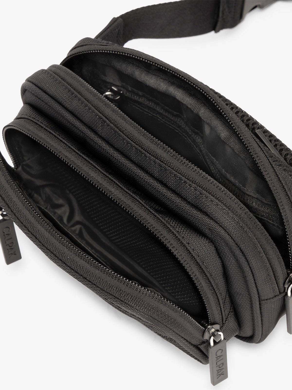 RFID CALPAK fanny pack with front zippered pocket, multiple interior and exterior pockets in black