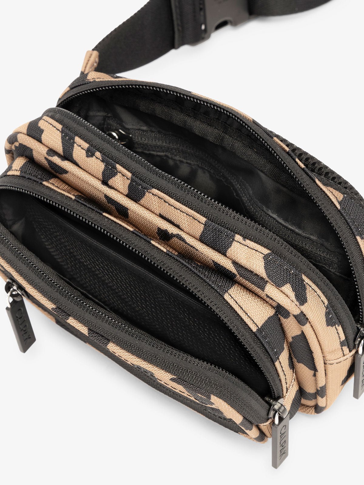 RFID CALPAK fanny pack with front zippered pocket, multiple interior and exterior pockets in cheetah