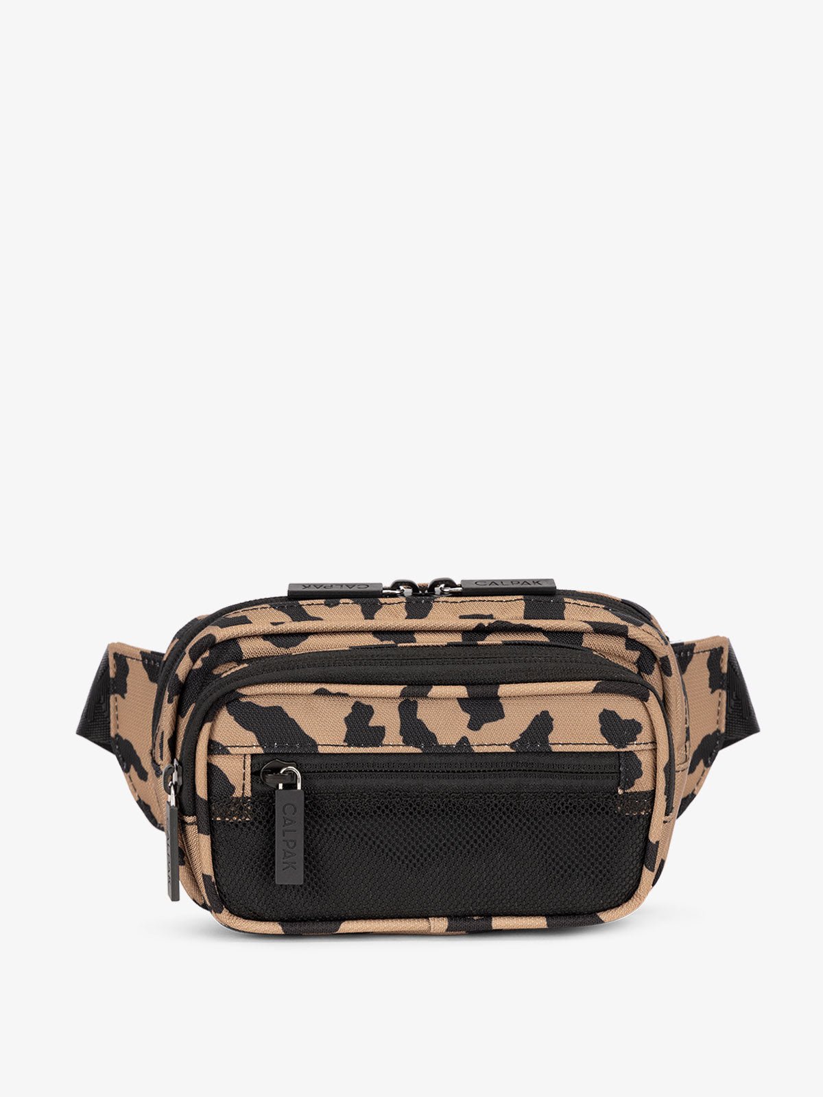 CALPAK RFID-protected fanny pack with front zippered pocket in cheetah print