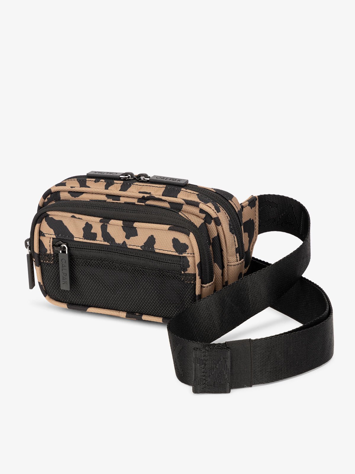 Cheetah print CALPAK Stevyn Fanny Pack with adjustable crossbody strap