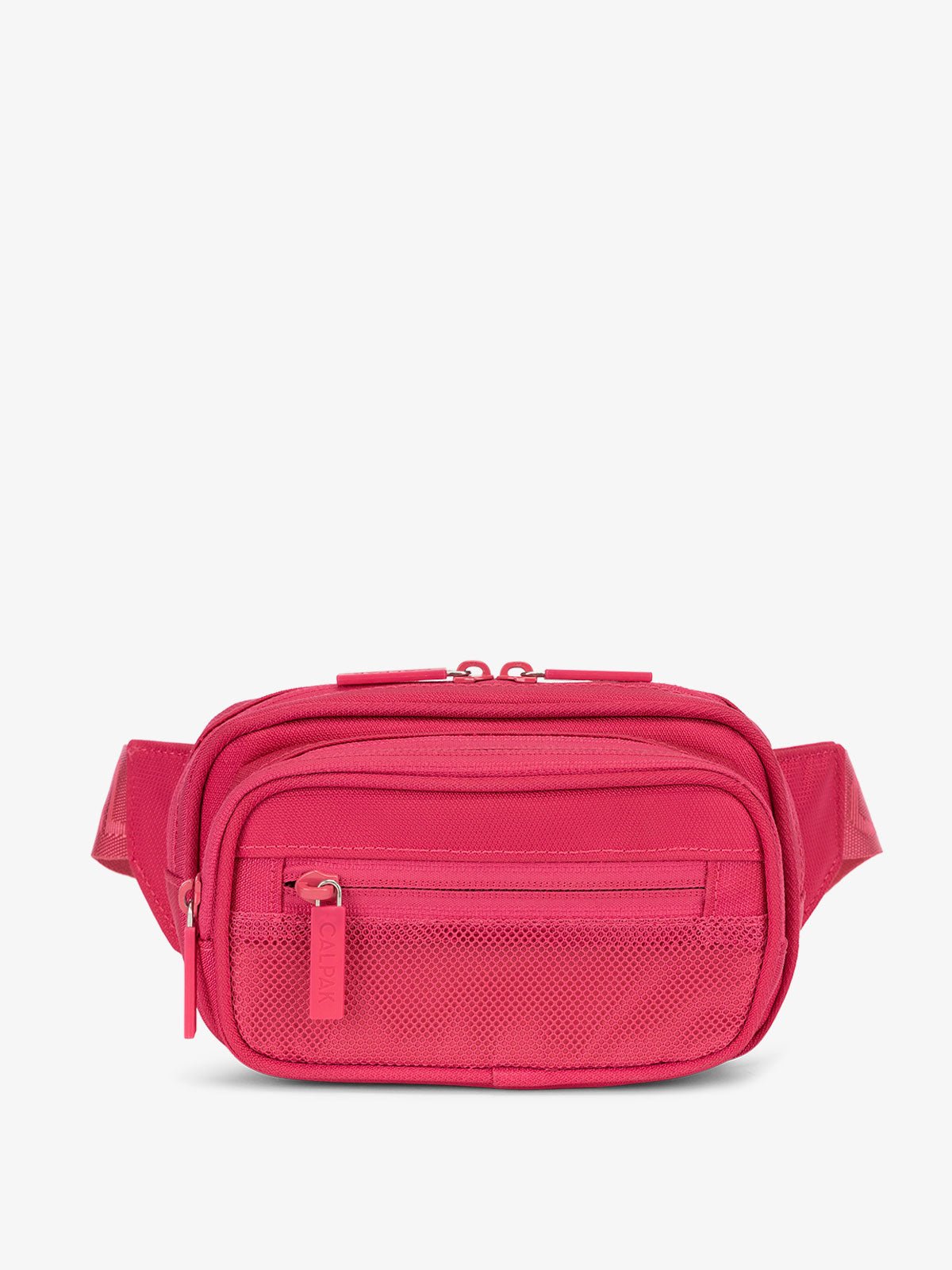 CALPAK RFID-protected fanny pack with front zippered pocket in pink dragonfruit