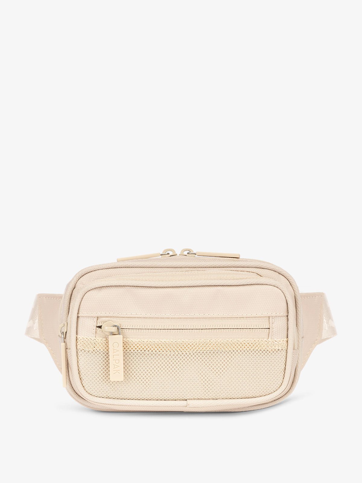 CALPAK RFID-protected fanny pack with front zippered pocket in off-white dune