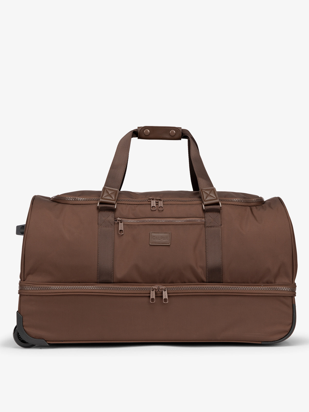 CALPAK Stevyn Large Rolling Duffel with wheels, dual handles, zipper enclosed compartments, and shoe compartment in walnut