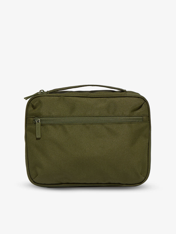 Back-view of CALPAK Tablet Tech Organizer with zippered pocket in dark green