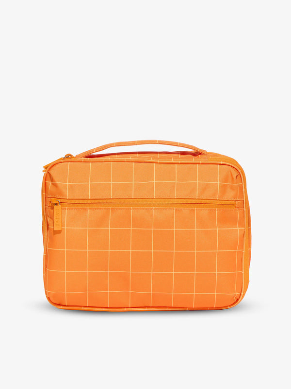 Tablet organizer for tablet with mesh pocket for supplies and cords in orange grid