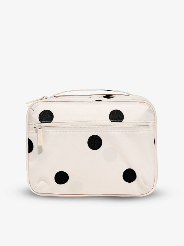 Back-view of CALPAK Tablet Tech Organizer with zippered pocket in polka dot