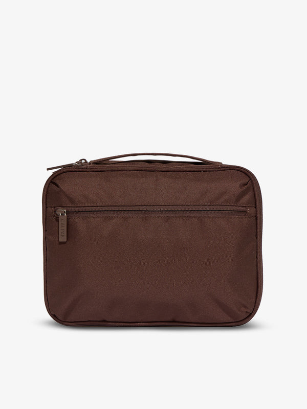 Back-view of CALPAK Tablet Tech Organizer with zippered pocket in brown