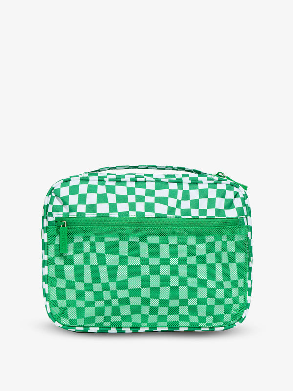 Tablet organizer for tablet with mesh pocket for supplies, and cords in green checkerboard