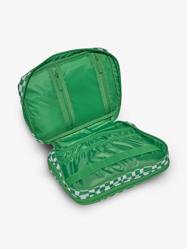 Green checkerboard tablet tech organizer with multiple pockets and loops for electronics and belongings