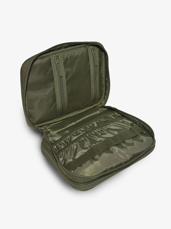 Moss tablet organizer with multiple pockets and loops for organizing electronics and belongings