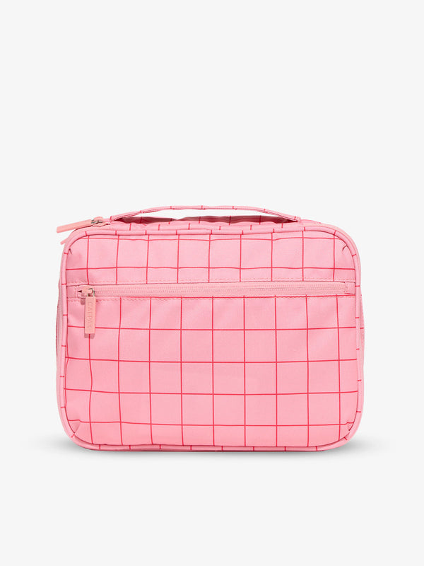 Back-view of CALPAK Tablet Tech Organizer with zippered pocket in pink grid