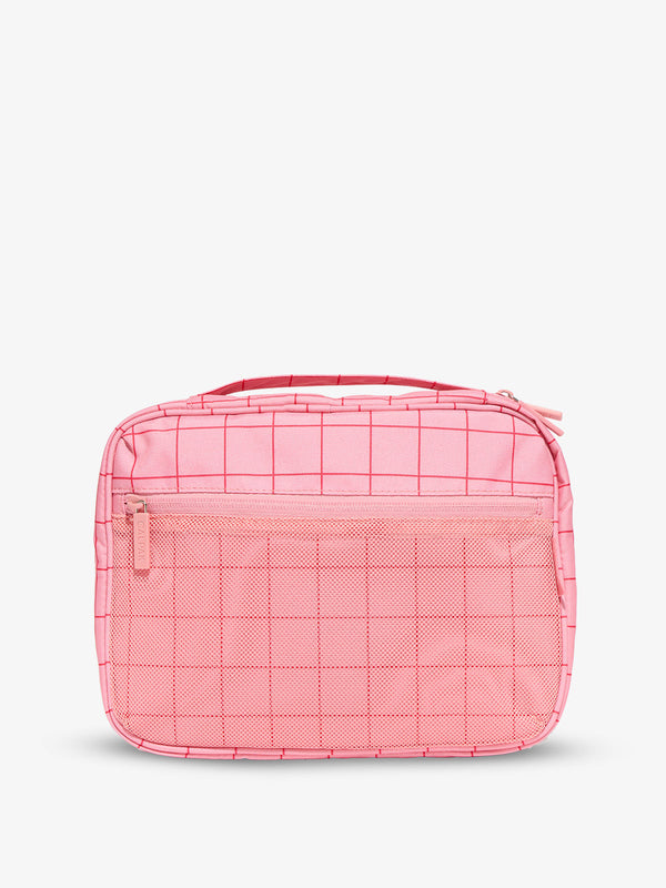 Tablet organizer with mesh pocket for supplies and cords in pink grid