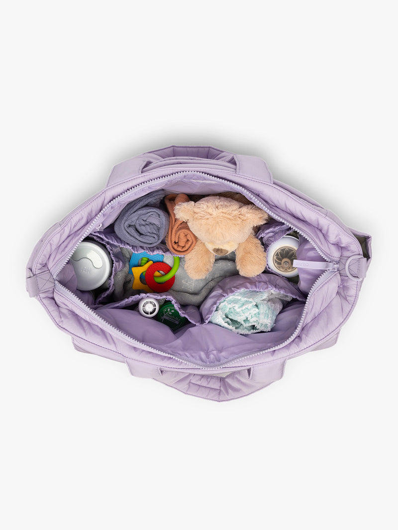CALPAK Diaper Tote bag in lavender purple Orchid with open interior