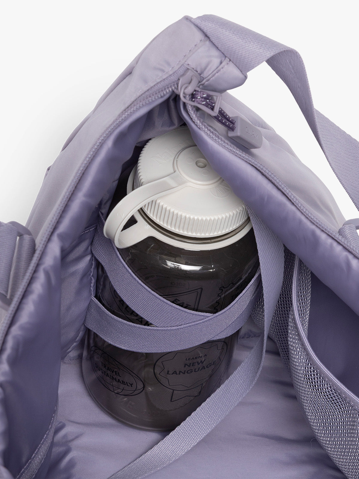 Water bottle in the CALPAK Fit Gym Duffel Bag in purple Iris; TBF2401-IRIS