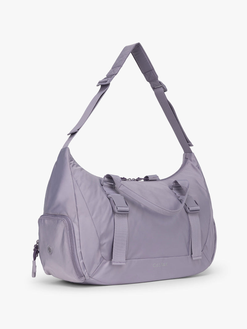 Side view of CALPAK Fit Gym Duffel Bag in purple Iris