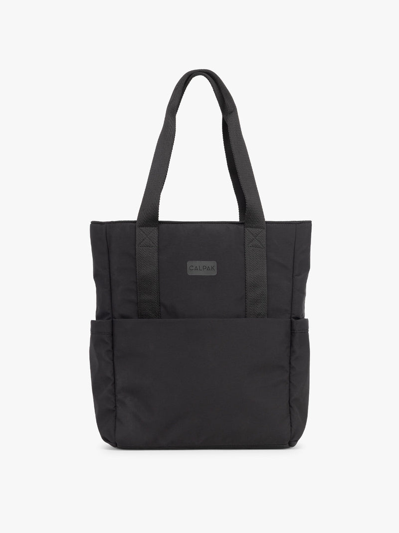 CALPAK Zippered Laptop Tote Bag in Black  on a white background