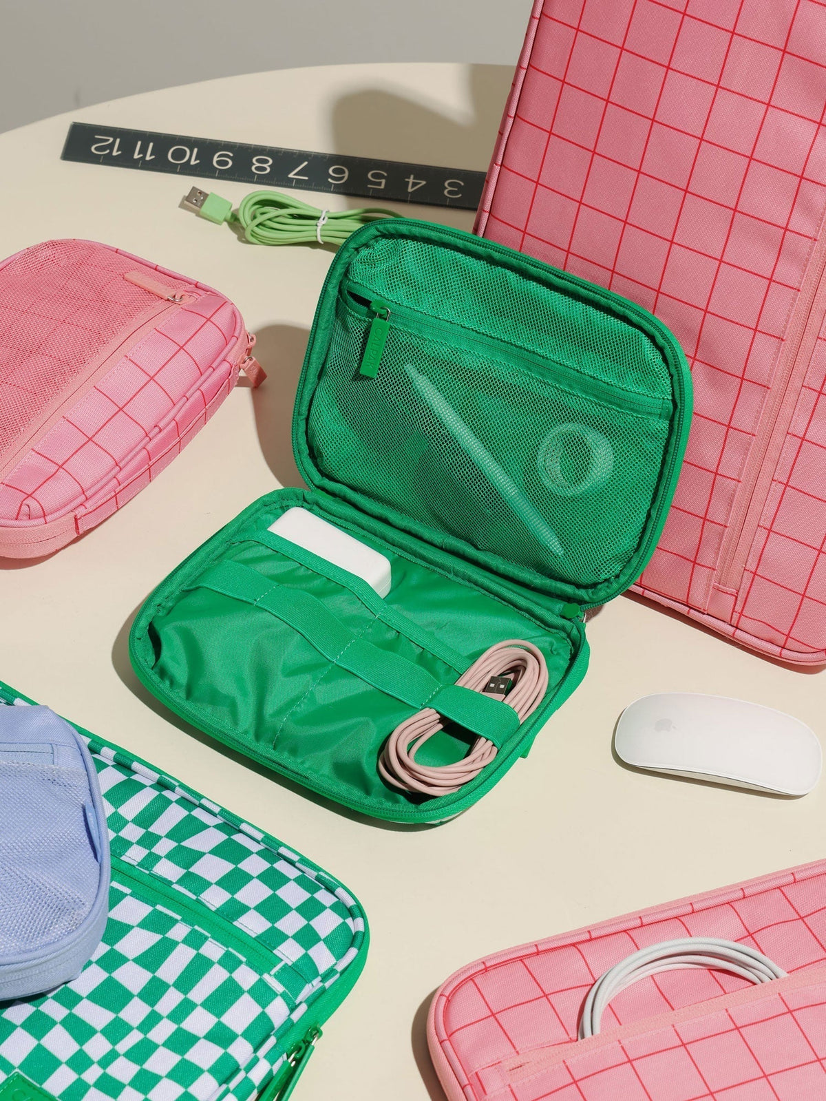 CALPAK tech and electronics organizer for school in green checkerboard; ATC2001-GREEN-CHECKERBOARD