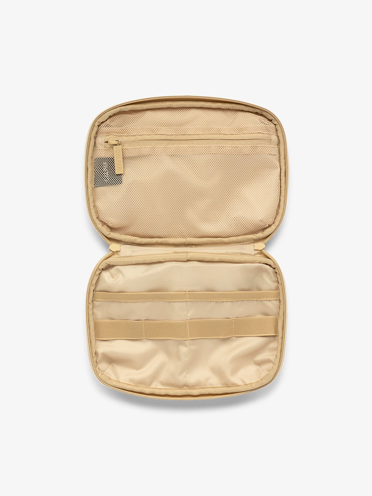 Interior view of tablet organizer in oatmeal beige with loops and zippered pockets for organizing electronics and belongings