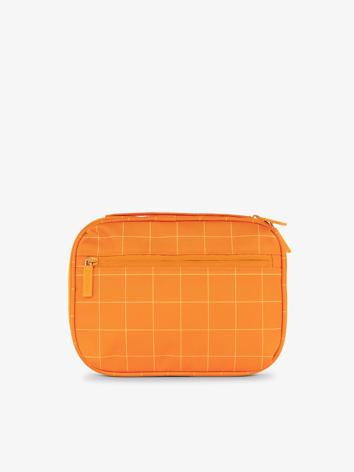 CALPAK tech and cables organizer bag in orange grid print; ATC2001-ORANGE-GRID
