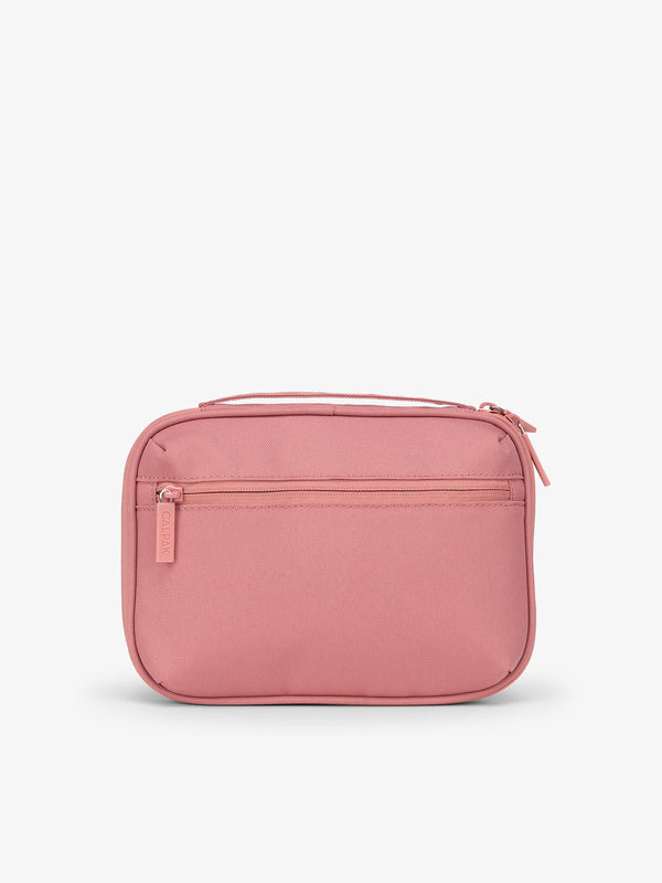 Back-view of tablet organizer featuring zippered pouch in pink