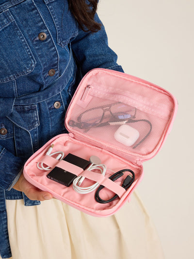 CALPAK Tech Organizer in light purple with lavender print and green accent zipper in Lavender Bloom; ATC2001-LAVENDER-BLOOM view 2