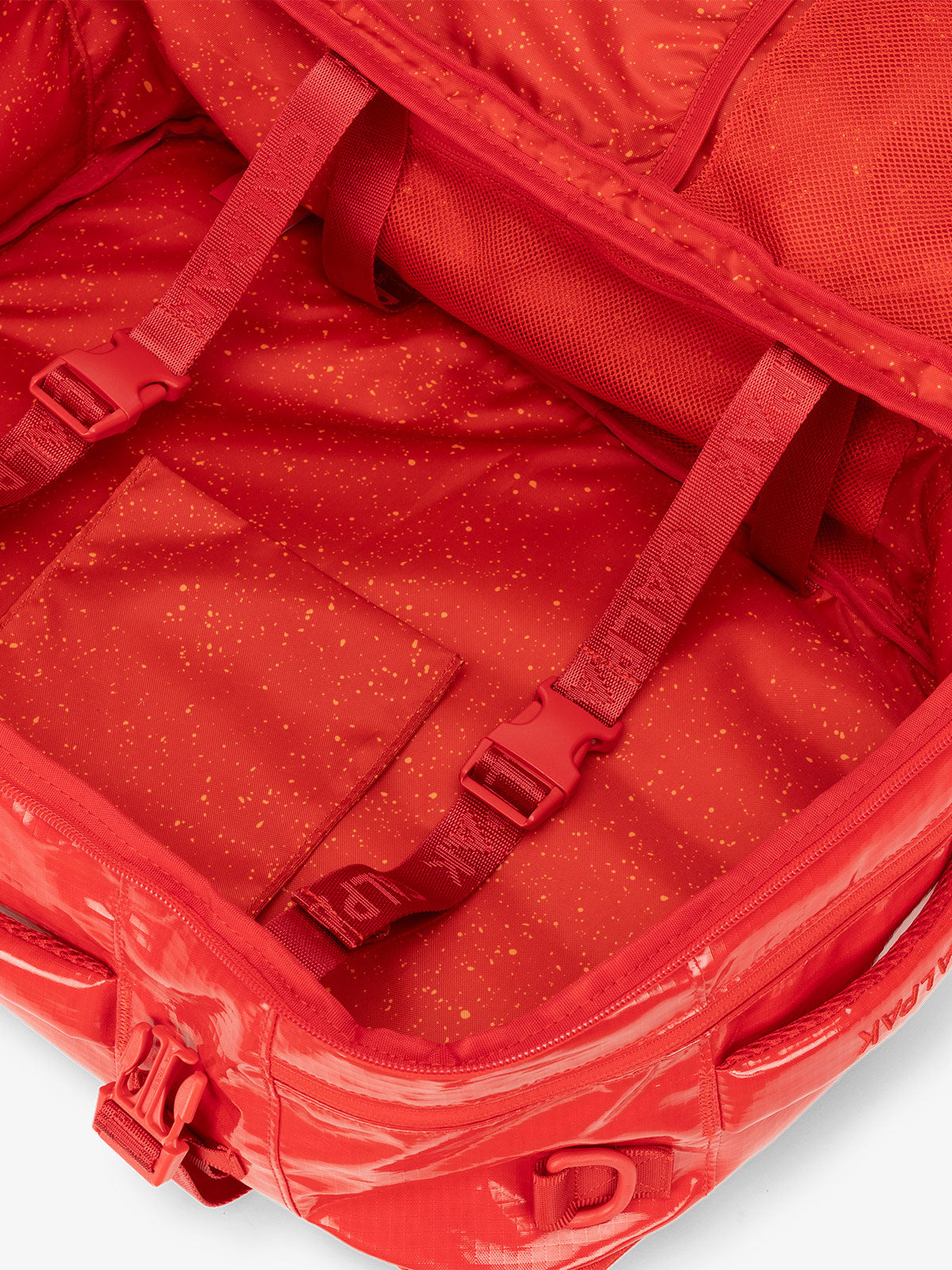 CALPAK Terra 26L Laptop Backpack Duffel with compression straps and multiple interior pockets in flame; BPH2201-FLAME
