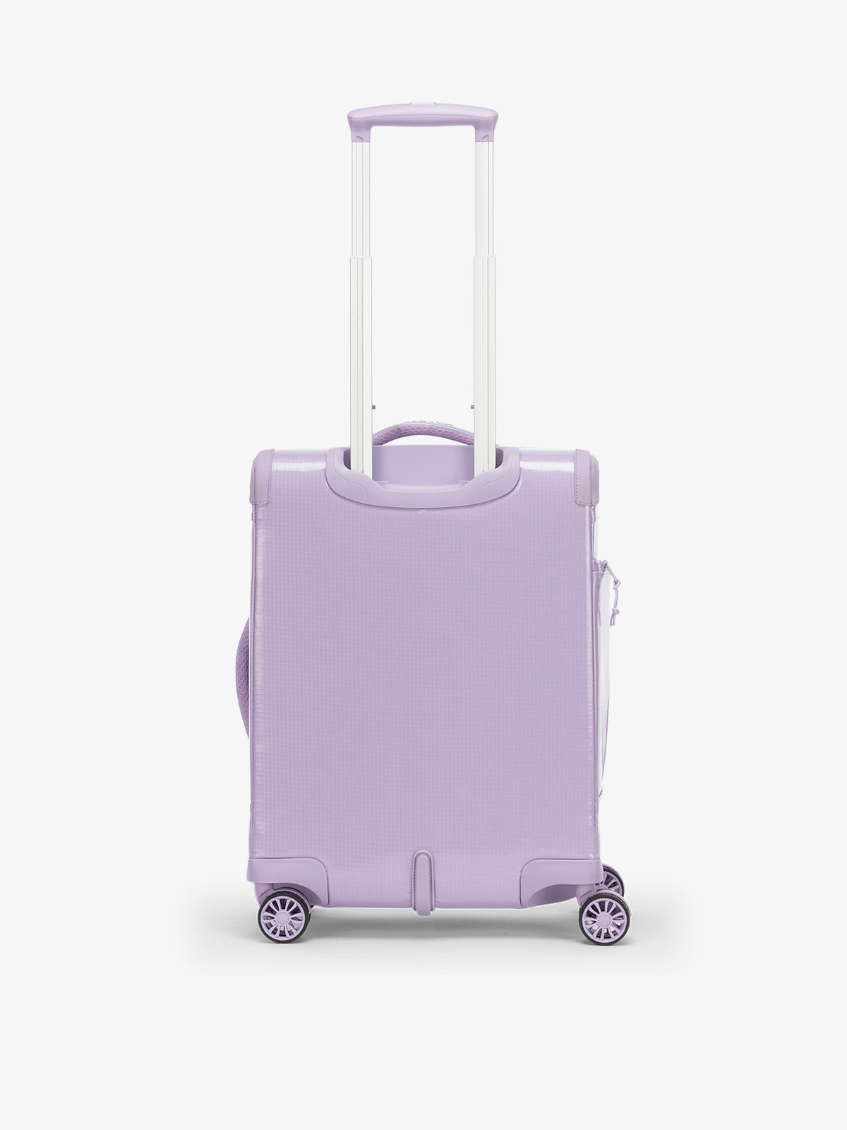 Studio product shot of back-facing CALPAK Terra 35L Carry-On luggage with soft shell and 360 spinner wheels in amethyst purple; LTR1020-AMETHYST