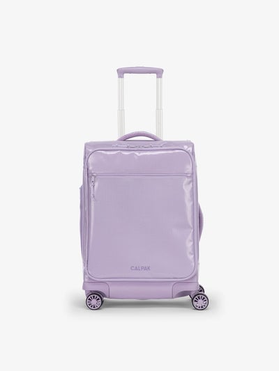 Studio product shot of front-facing CALPAK Terra 35L Carry-On luggage with soft shell and 360 spinner wheels in amethyst; LTR1020-AMETHYST