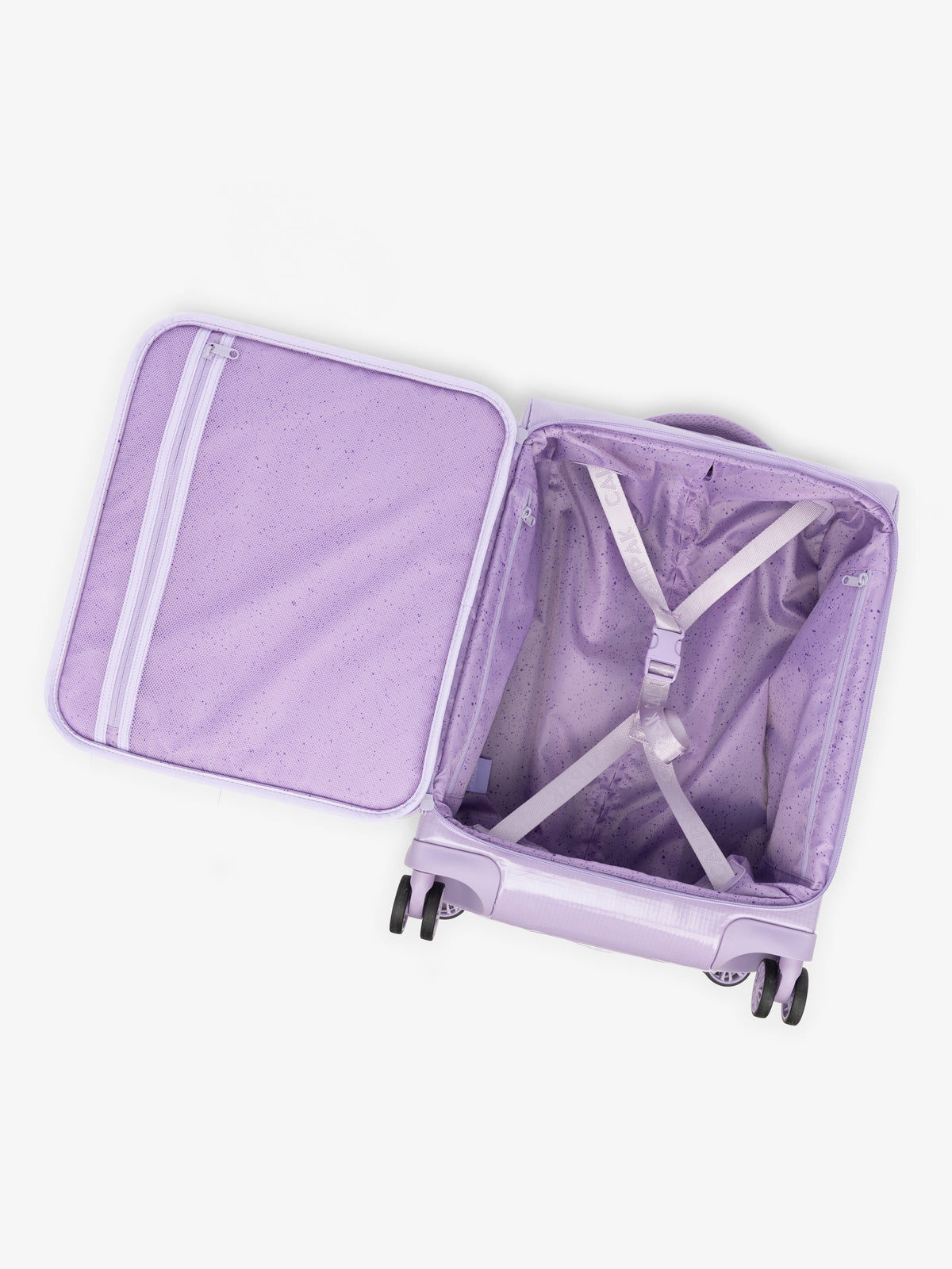 Studio product shot of interior compartment of CALPAK Terra 35L Carry-On luggage with soft shell and 360 spinner wheels in amethyst; LTR1020-AMETHYST