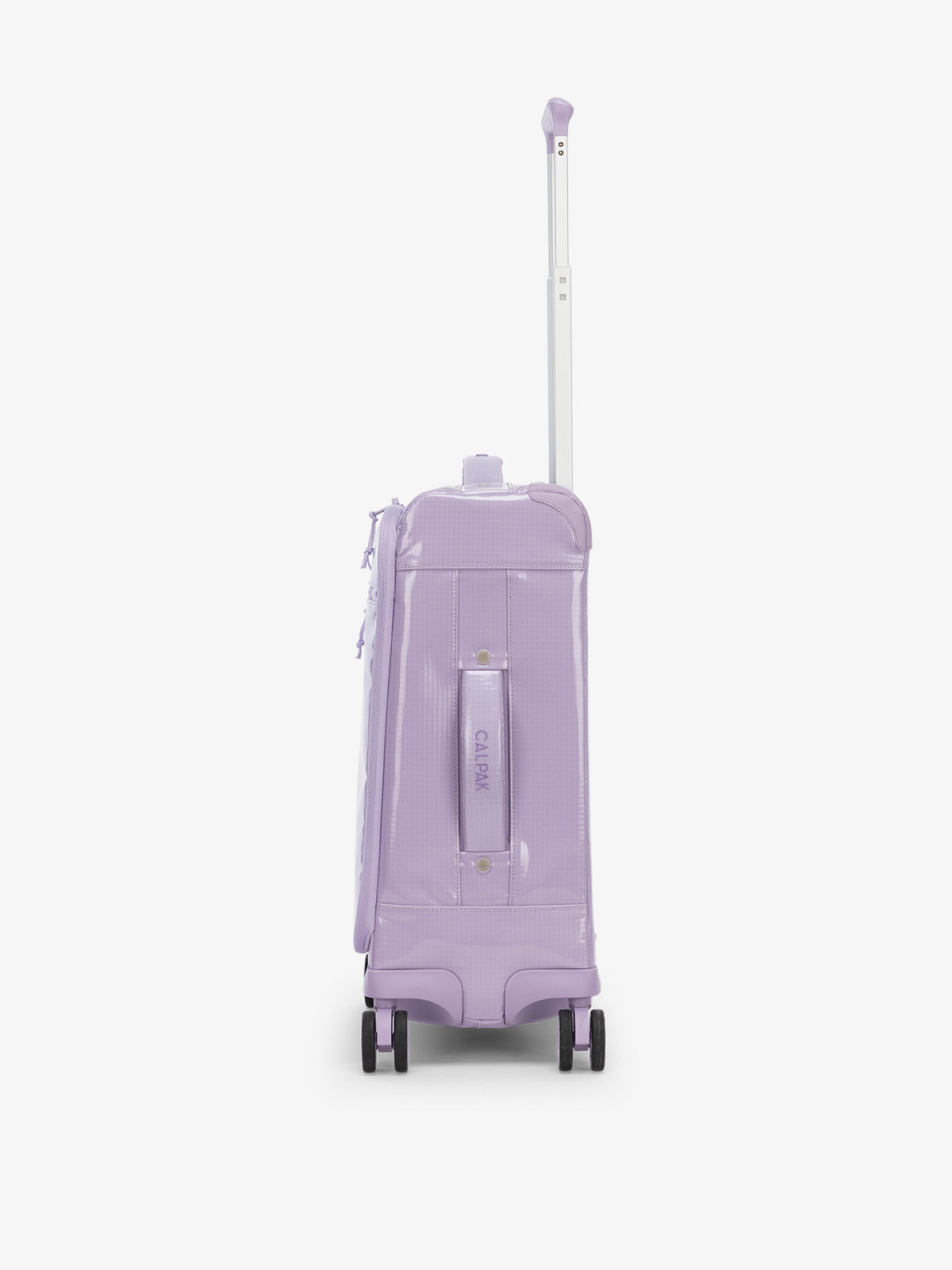 Studio product shot of side-facing CALPAK Terra 35L Carry-On luggage with soft shell and 360 spinner wheels in amethyst; LTR1020-AMETHYST