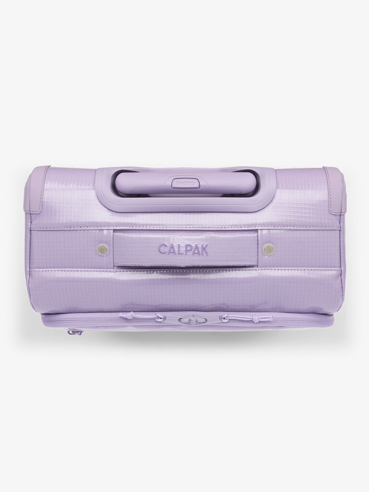 Studio product shot of top handle of CALPAK Terra 35L Carry-On luggage with soft shell and 360 spinner wheels in light purple; LTR1020-AMETHYST