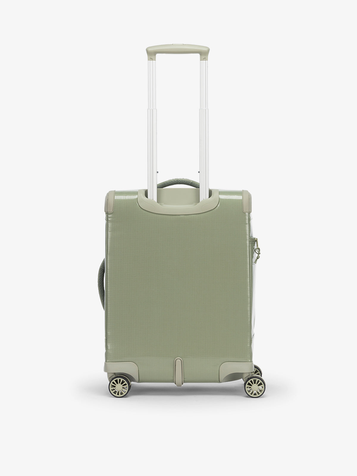 Studio product shot of front-facing CALPAK Terra 35L Carry-On luggage with soft shell and 360 spinner wheels in juniper green; LTR1020-JUNIPER