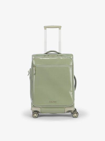 Studio product shot of back-facing CALPAK Terra 35L Carry-On luggage with soft shell and 360 spinner wheels in juniper; LTR1020-JUNIPER