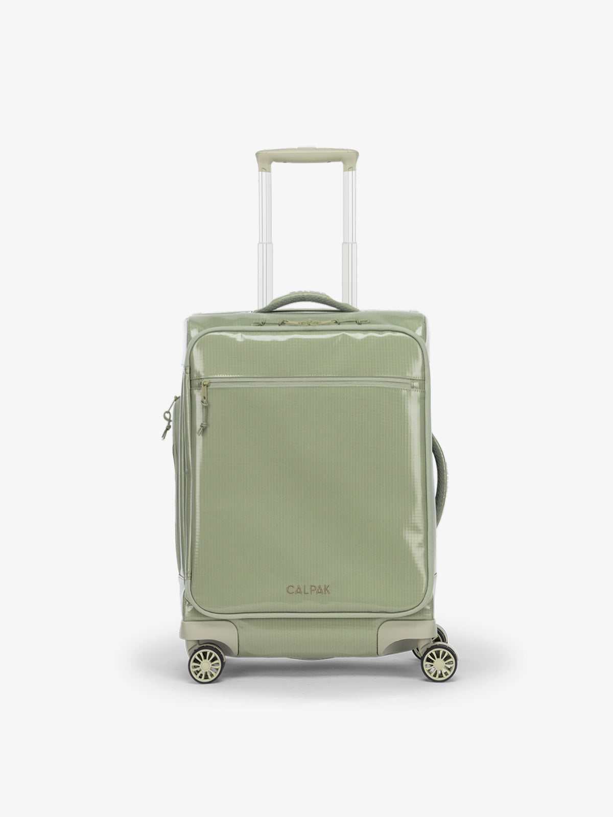 Studio product shot of back-facing CALPAK Terra 35L Carry-On luggage with soft shell and 360 spinner wheels in juniper; LTR1020-JUNIPER