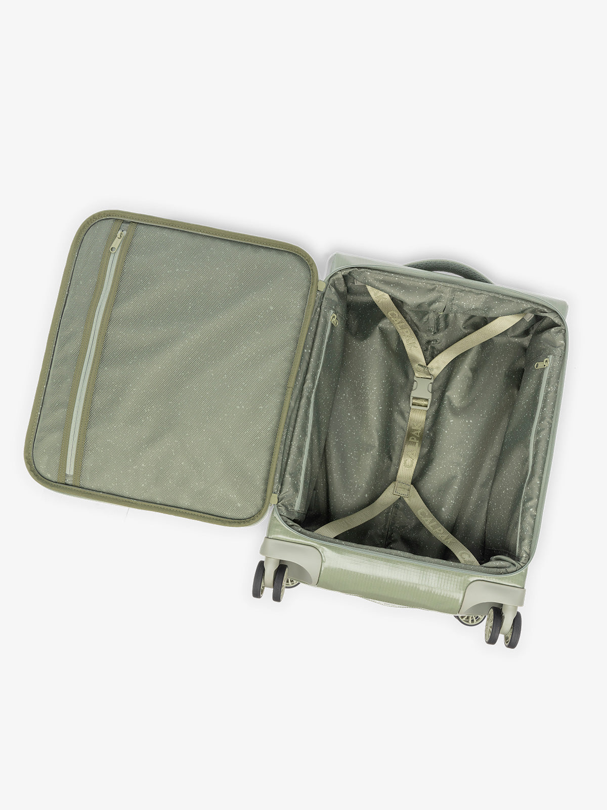 Studio product shot of interior compartment of CALPAK Terra 35L Carry-On luggage with soft shell and 360 spinner wheels in green; LTR1020-JUNIPER