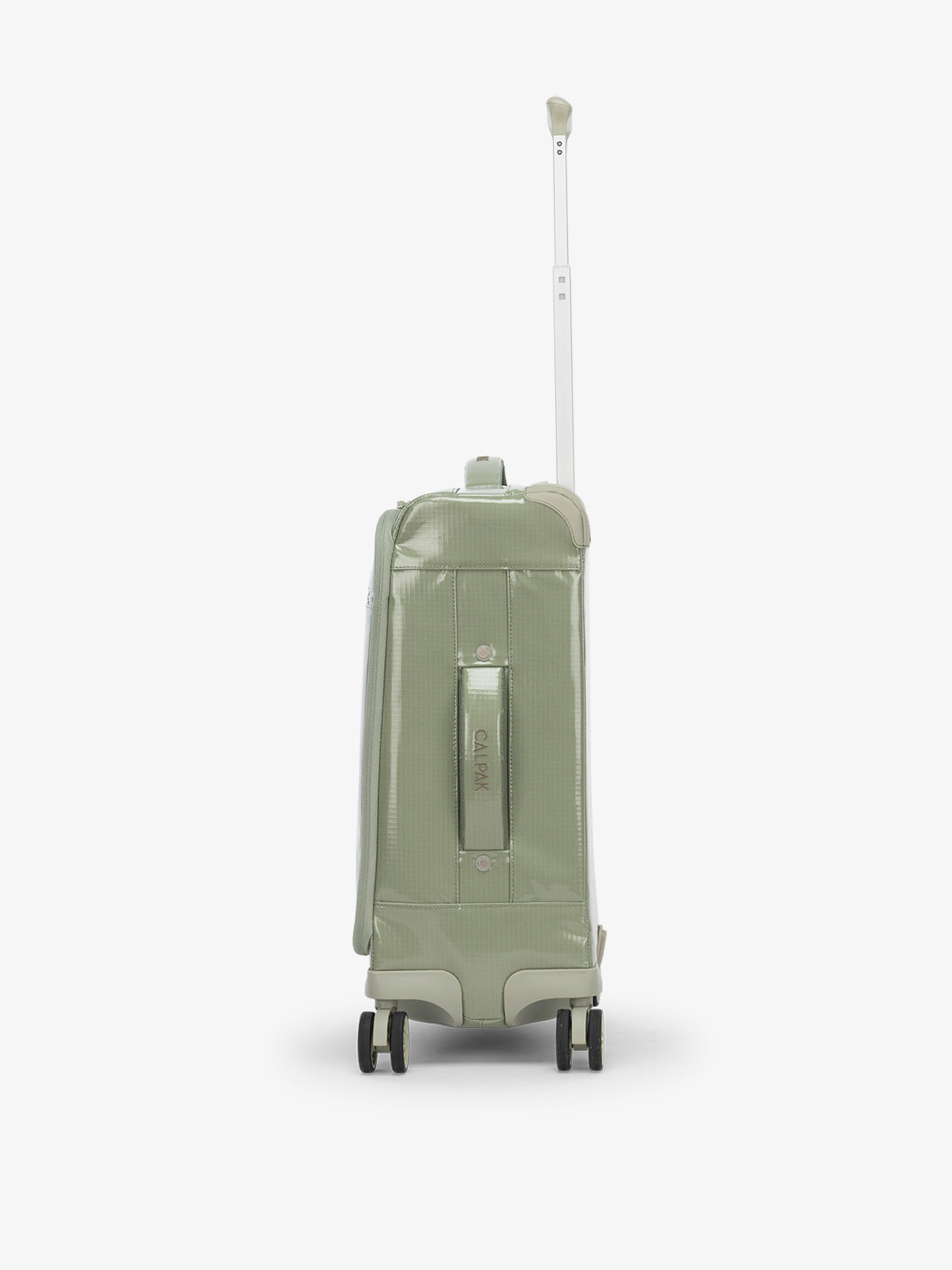 Studio product shot of side-facing CALPAK Terra 35L Carry-On luggage with soft shell and 360 spinner wheels in green; LTR1020-JUNIPER
